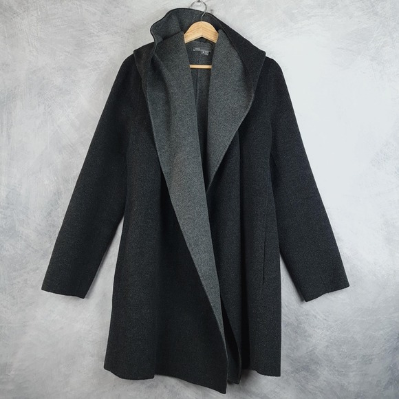 Vince Sweater Coat Womens Medium Gray Wool Blend Hooded Open Front Long - Picture 1 of 16